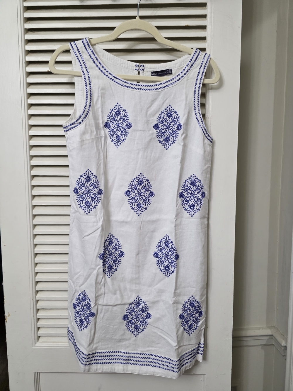 Marks & Spencer White Sleeveless Shift Dress with Blue Embroidery